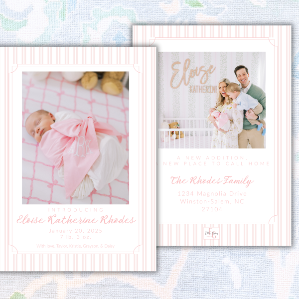 Pink Stripe Photo Birth Announcement