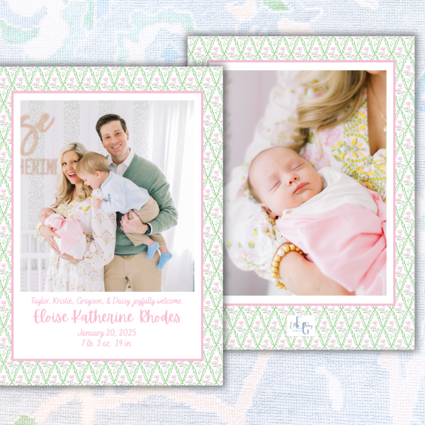 Pink & Green Floral Photo Birth Announcement