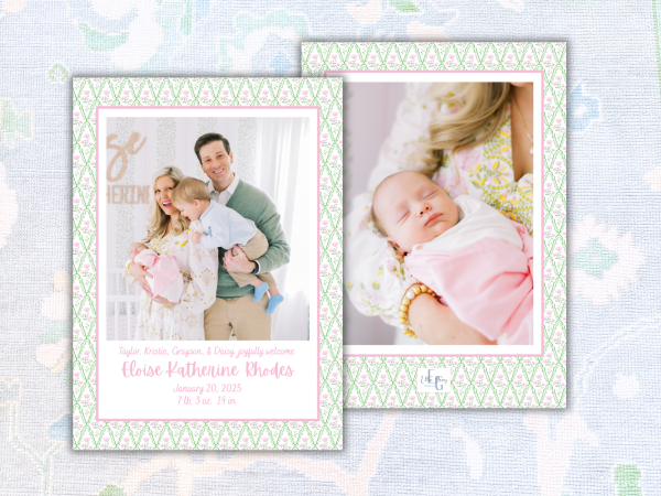 Pink & Green Floral Photo Birth Announcement