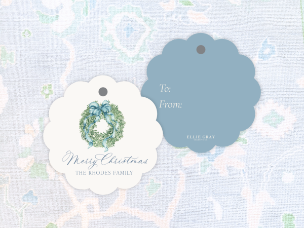 Blue Christmas Wreath Scalloped Gift Tags
