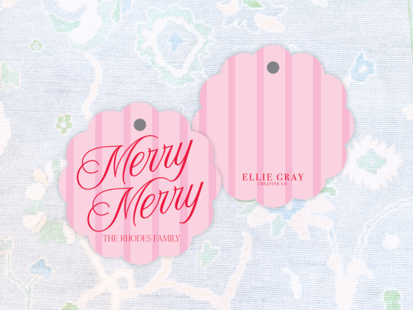 Merry Merry Pink Stripe Scalloped Gift Tags
