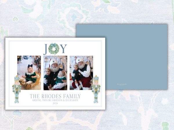 Blue Christmas JOY Wreath Three-Photo Card