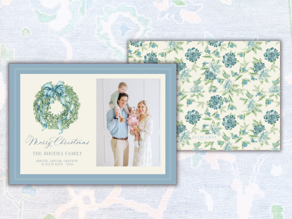 Blue Christmas Wreath Photo Card