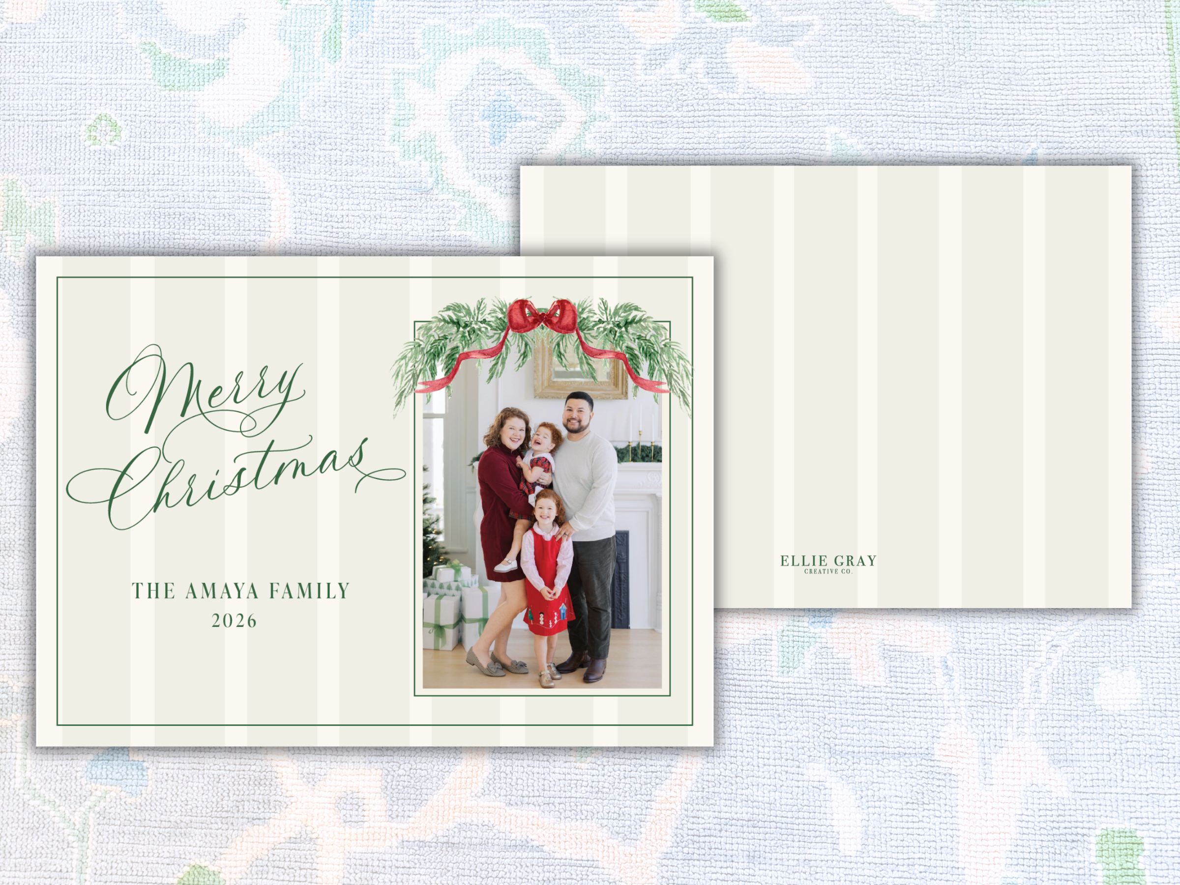 Holiday Stripe & Greenery Swag Photo Card