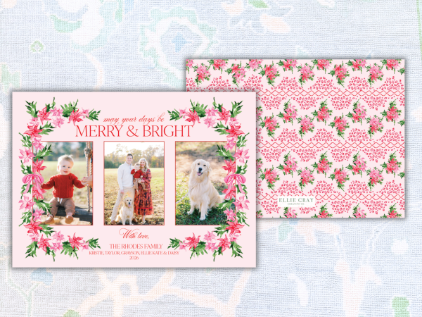 Merry & Bright Floral Three-Photo Christmas Card