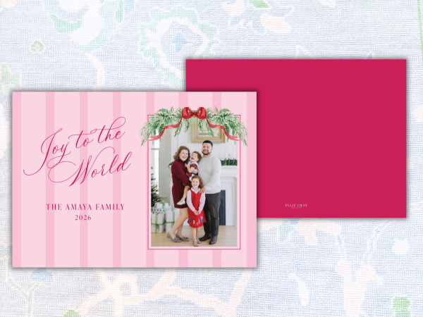Joy to the World Pink Stripe Christmas Photo Card