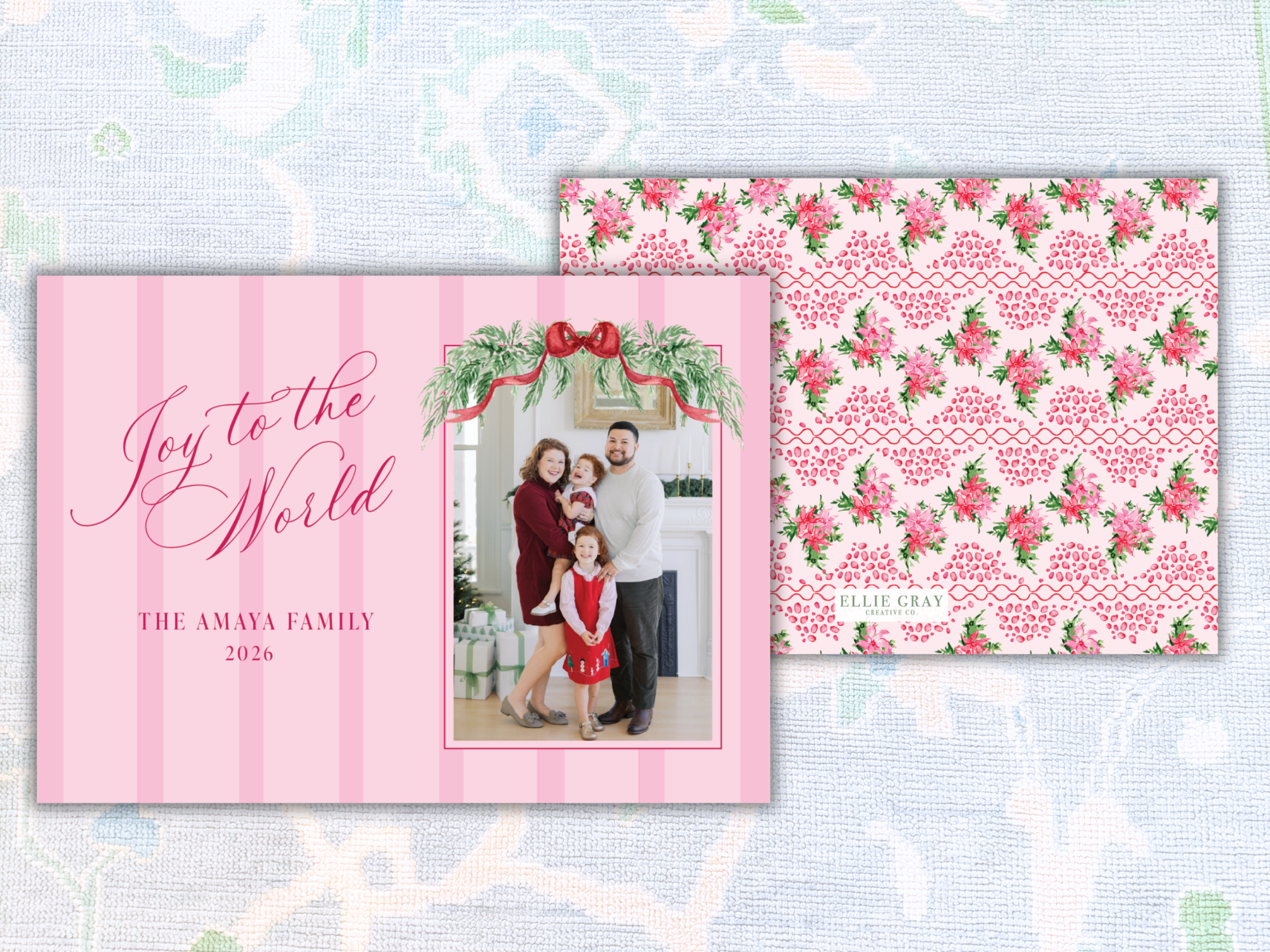 Joy to the World Pink Stripe Christmas Photo Card - Image 2